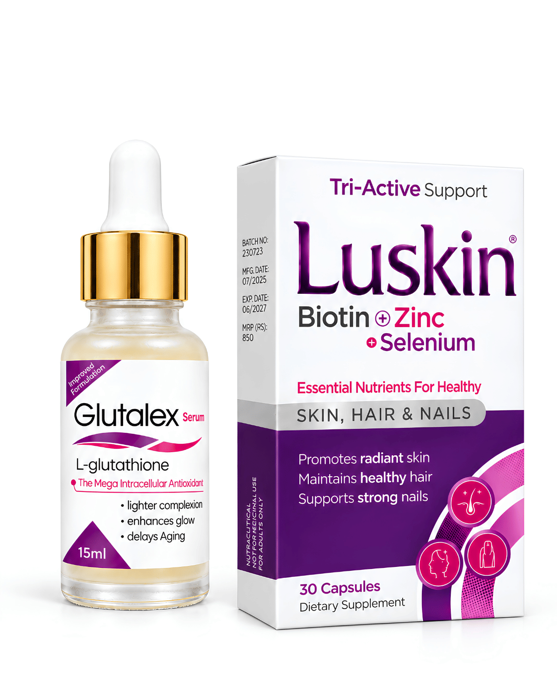 Glutalex Serum 15ml + Luskin Biotin, Zinc & Selenium – Skin, Hair & Nails Bundle